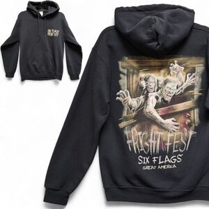 Six Flags Fright Fest Hoodie Mens Small Black Halloween Zombies Graphic PLS READ